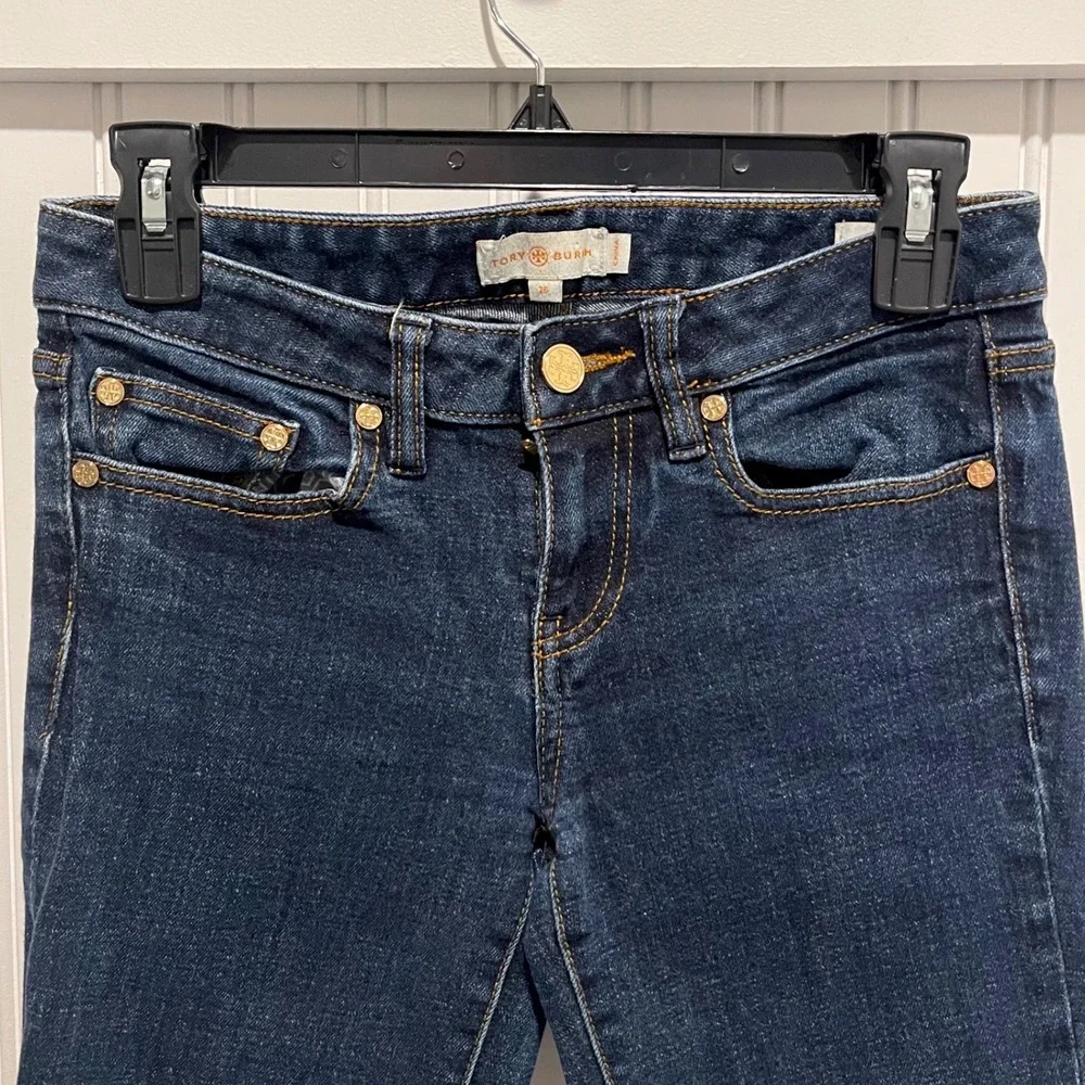Tory Burch Super Skinny Jean Womens 26 Dark Wash Blue Gold Logo Hardware Denim